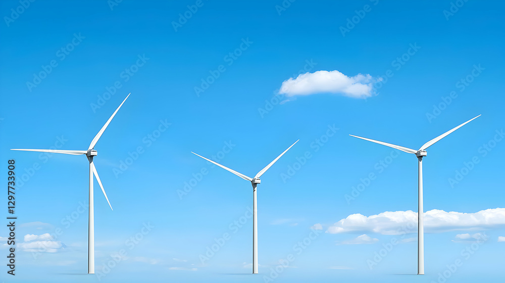 Three White Wind Turbines Under A Bright Blue Sky With Scattered White Clouds Three White Wind Turbines Under A Bright Blue Sky With Scattered White Clouds