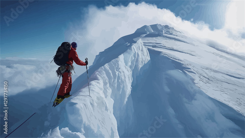 The image shows a lone mountaineer, wearing red outerwear and carrying a backpack, ascending a snow-covered mountain ridge. The ridge is sharp and narrow, with deep snowdrifts on either side. The