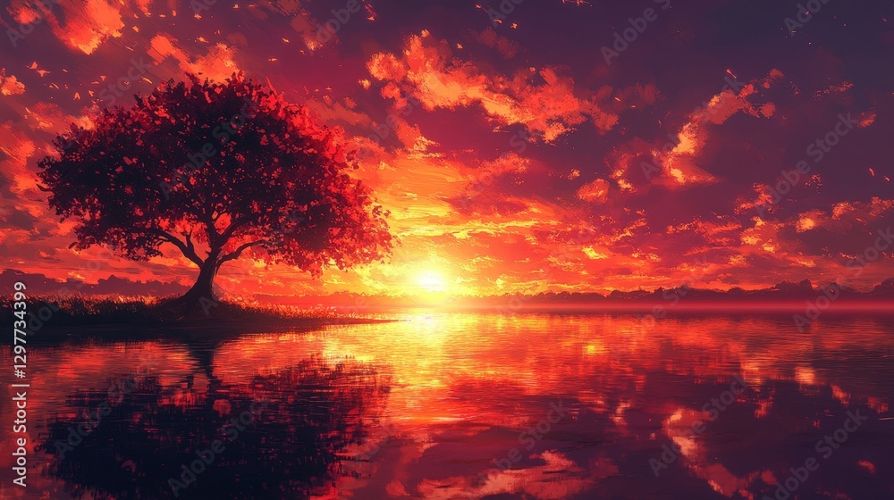 Fiery sunset paints the horizon with deep hues of red, orange, and yellow as the sun dips low. Swirling clouds blend into a tapestry of fiery oranges and bold blacks against an evening sky, casting dr Fiery sunset paints the horizon with deep hues of red, orange, and yellow as the sun dips low. Swirling clouds blend into a tapestry of fiery oranges and bold blacks against an evening sky, casting dr