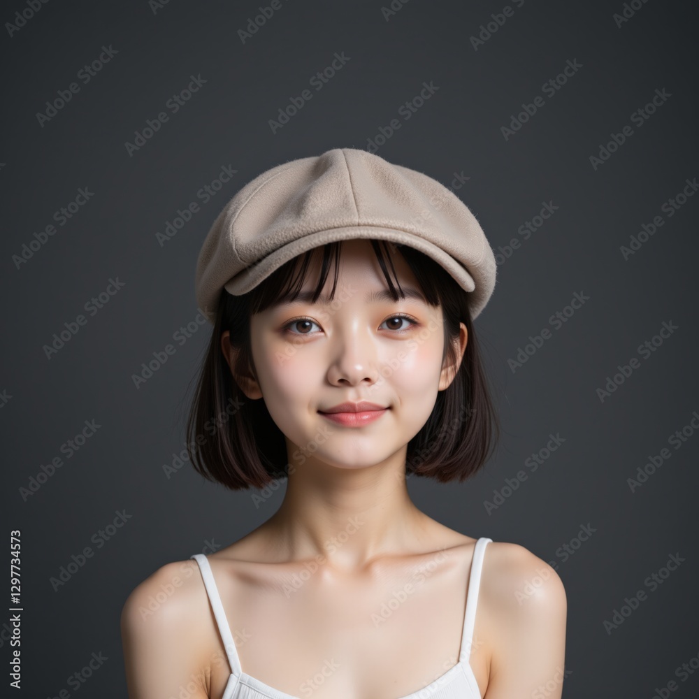 Portrait of a Young Asian Female Wearing a Beige Cap and White Top Against a Dark Background Showcasing Modern Fashion and Expressive Style Portrait of a Young Asian Female Wearing a Beige Cap and White Top Against a Dark Background Showcasing Modern Fashion and Expressive Style