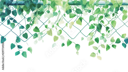 A digital illustration depicting a section of chain link fence with vibrant green vines and leaves cascading down both sides.  The vines have a watercolor-like texture with variations in shades of