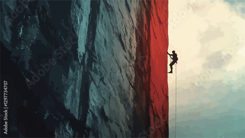 The image depicts a stylized, possibly digitally enhanced, photograph of a lone climber ascending a sheer cliff face.  The cliff is bisected by a stark vertical line, with one side rendered in dark