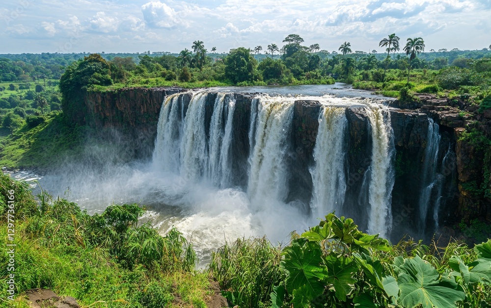 Waterfalls cascade powerfully down rocky cliffs surrounded by lush green foliage in a vibrant landscape Waterfalls cascade powerfully down rocky cliffs surrounded by lush green foliage in a vibrant landscape