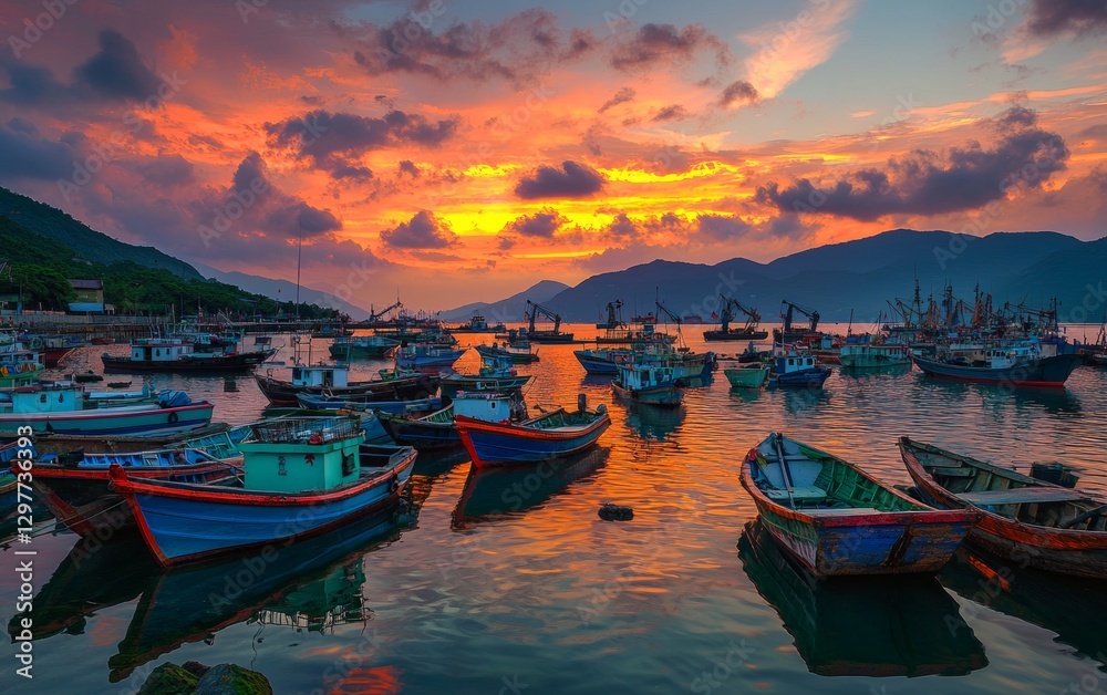 Sunset over the harbor with fishing boats and vibrant sky merging at twilight Sunset over the harbor with fishing boats and vibrant sky merging at twilight