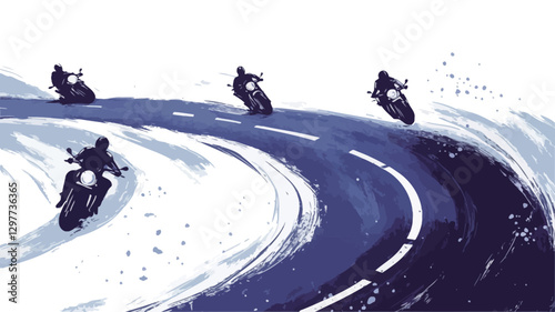 An abstract illustration depicting three motorcyclists riding on a winding road. The image is rendered in shades of blue and white, using visible paint strokes to create a dynamic, impressionistic