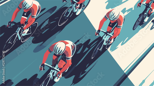A stylized vector illustration depicting four cyclists in a road race. The illustration is rendered in a flat design style with bold colors, primarily red, white, and blue. The cyclists are