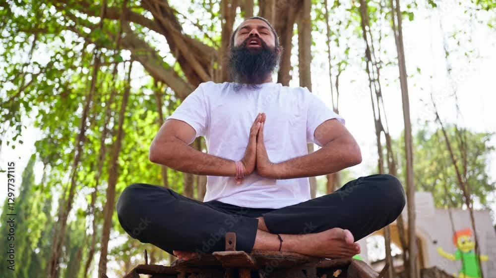 Bearded man sits cross legged palm joined outdoor