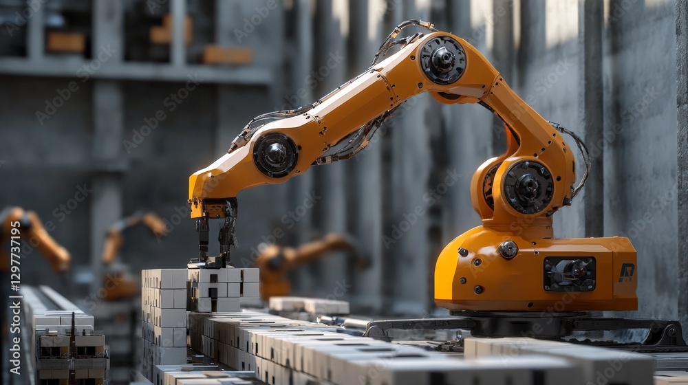 Futuristic automated bricklaying system with robotic arms ensuring rapid and precise wall construction Futuristic automated bricklaying system with robotic arms ensuring rapid and precise wall construction