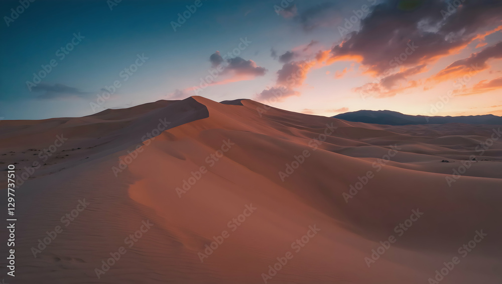 Naklejka premium Golden sand dunes glow under a vibrant sunset, casting dramatic shadows