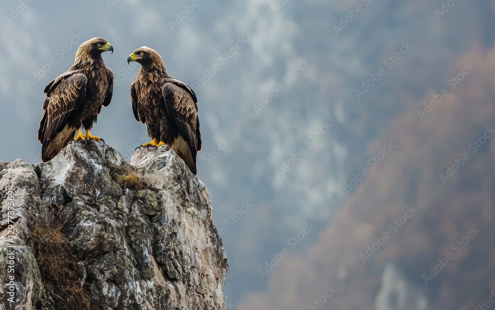 Fototapeta premium Two golden eagles perched on rocks overlooking a misty mountain landscape during early morning light