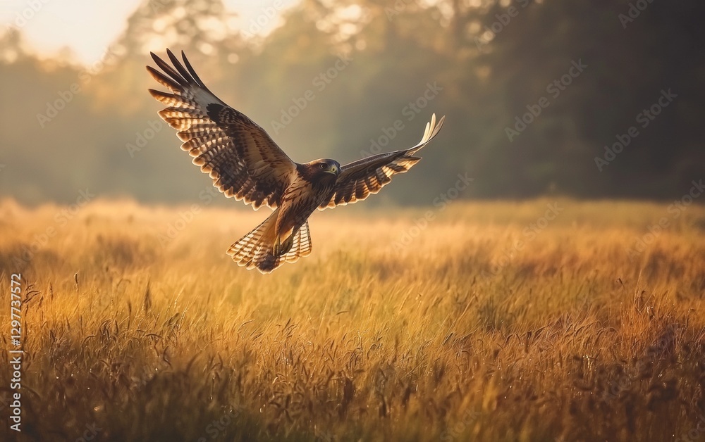 Majestic hawk soaring over golden grassland during sunset in a serene wilderness