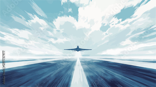 The image depicts a low-angle, perspective view of an airplane taking off. The airplane is centrally positioned and relatively small in scale, suggesting distance. The runway is visible extending