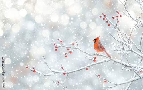 Bright red cardinal perched on a snowy branch with berries during a winter snowfall in a serene natural setting
