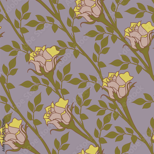 Rose flowers and leaves on branch hand drawn background on black backdrop. For wrapping paper, textile, postcards, interior.