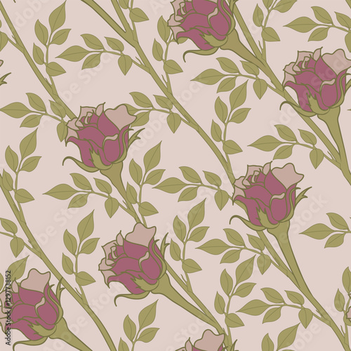 Rose flowers and leaves on branch hand drawn background on black backdrop. For wrapping paper, textile, postcards, interior.
