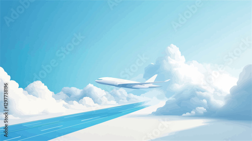 The image is a digitally rendered illustration showing a white airplane flying above a stylized landscape. The airplane is positioned centrally, slightly angled to the right.?Below, a stylized