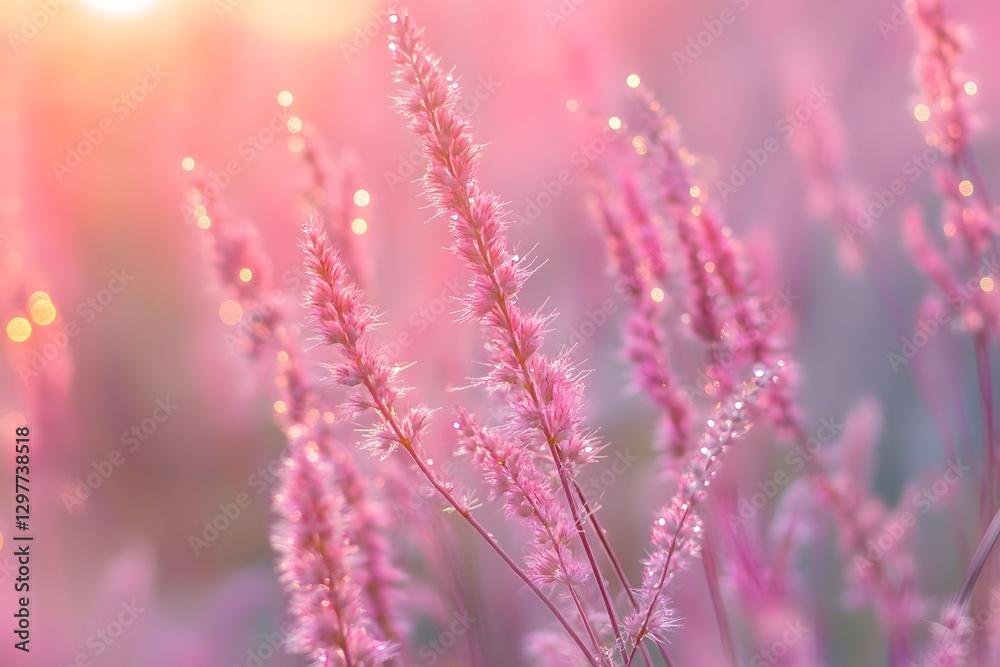 Obraz premium Pink Grass Meadow at Sunrise Dewdrops on Soft Pink Flowers Dreamy Pastel Nature Scene