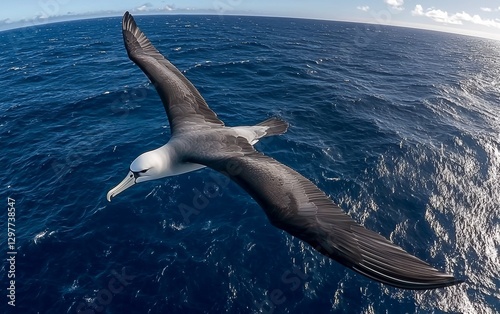 Majestic albatross gliding over the vast ocean under a clear blue sky
