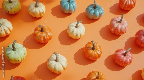 Autumn Pumpkins Flatlay  Colorful Gourds on Orange Background