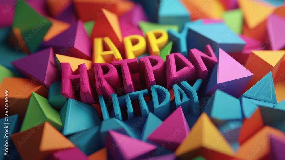 Happy Birthday Colorful 3D Text Geometric Shapes Happy Birthday Colorful 3D Text Geometric Shapes
