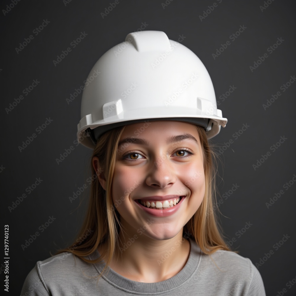 Smiling Young Female Construction Worker Wearing a White Hard Hat Against a Dark Background, Signifying Empowerment and Safety in the Construction Industry Smiling Young Female Construction Worker Wearing a White Hard Hat Against a Dark Background, Signifying Empowerment and Safety in the Construction Industry