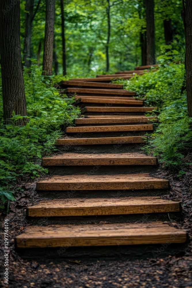 Wooden Steps Ascending Through Lush Green Forest Path Capturing Serene Nature Scene with Calm Atmosphere and Natural Light in a Tranquil Environment Wooden Steps Ascending Through Lush Green Forest Path Capturing Serene Nature Scene with Calm Atmosphere and Natural Light in a Tranquil Environment