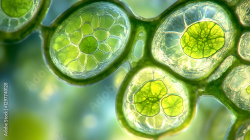 plant cells under a microscope showing chloroplasts and detailed cellular walls 