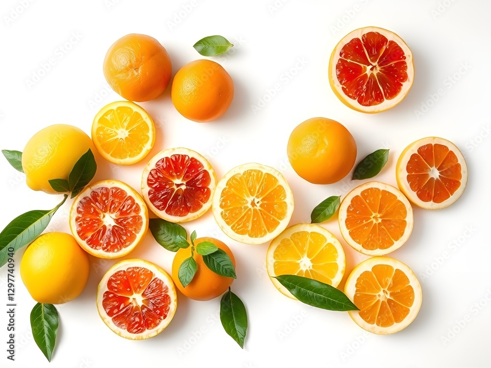 Fresh set of citrus fruits including orange, lemon, grapefruit, lime, and tangerine with slices and leaves isolated on white background Fresh set of citrus fruits including orange, lemon, grapefruit, lime, and tangerine with slices and leaves isolated on white background