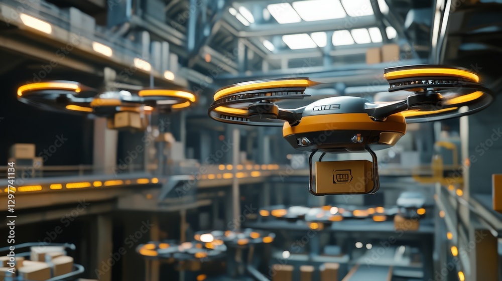 Fototapeta premium AI-driven supply chain management system with autonomous drones delivering packages, futuristic logistics