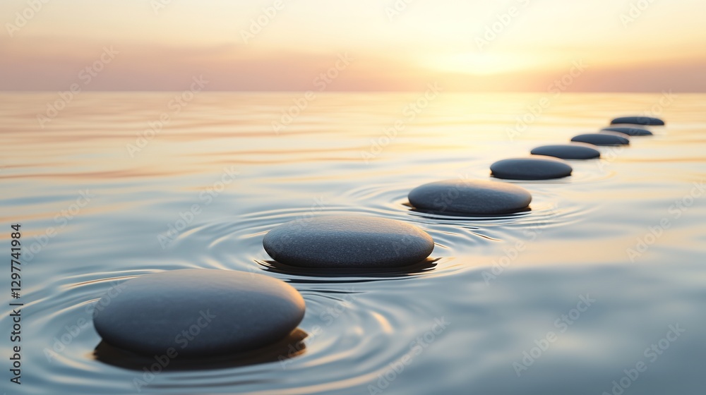 Fototapeta premium A serene and peaceful scene depicting a row of smooth, round stones placed in the water at sunrise or sunset. The stones create ripples on their surfaces as they gently float across the calm surface 