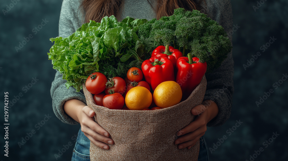 Fototapeta premium Harvest Bounty: Person holds a reusable bag overflowing with a vibrant assortment of fresh, colorful produce including tomatoes, bell peppers, lemons and leafy greens.