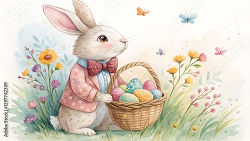 an Easter Bunny Wearing a Bowtie and Holding a Basket perfect for Easter-themed invitations, children’s prints, and seasonal home decor.