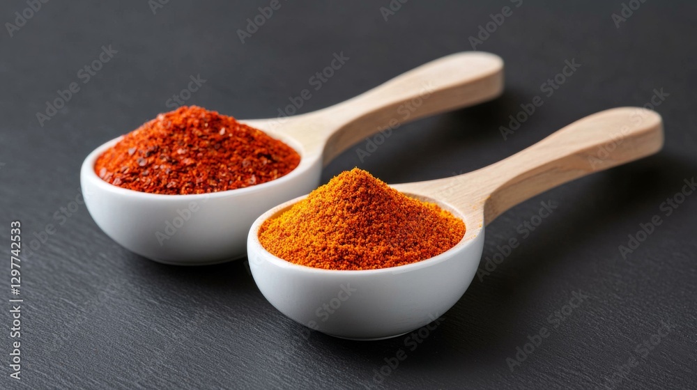 Red chili powder and turmeric powder displayed in wooden spoons on a dark surface for culinary use and spice illustration Red chili powder and turmeric powder displayed in wooden spoons on a dark surface for culinary use and spice illustration