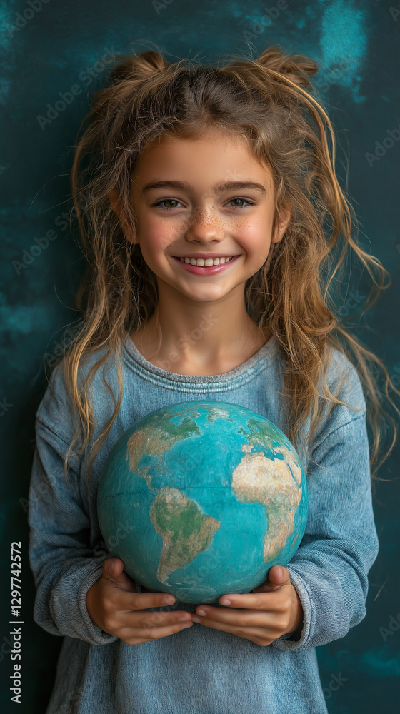 Caring Earth in Little Hands: A smiling young girl tenderly cradles a globe of the earth in her hands, portraying a sense of hope and responsibility for our planet. Caring Earth in Little Hands: A smiling young girl tenderly cradles a globe of the earth in her hands, portraying a sense of hope and responsibility for our planet.