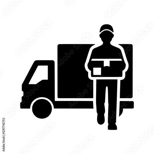 Delivery worker icon carrying a package next to a delivery truck, symbol of logistics