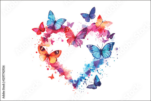 Whimsical Watercolor Butterflies and Heart Shapes Artwork