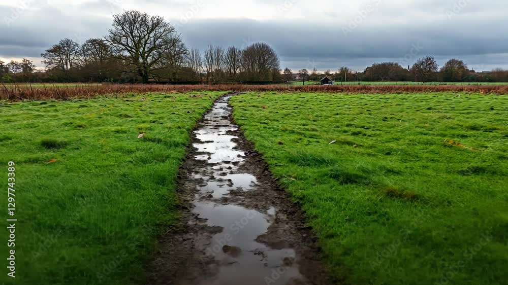 Pathway through a green field with puddles under a cloudy sky in rural landscape Pathway through a green field with puddles under a cloudy sky in rural landscape