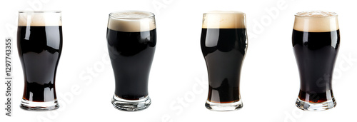 Set of pint of Guinness-style dark beer in a glass isolated on transparent background, in PNG format, cut out