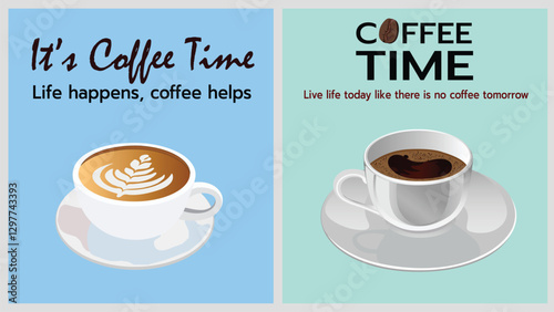 A stylish and modern coffee themed poster featuring two elegant coffee cup illustrations,one with a latte art design and another with a classic espresso.The pastel color palette adds a soothing touch.
