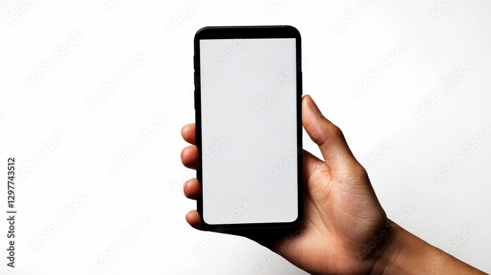 Hand holding a smartphone with a blank screen against a light background during the day