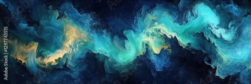 A Stunning Abstract Cosmic Nebula Image Showcases Swirling Teal Green And Gold Hues Against A Deep Blue Starry Night Sky Background The Dynamic