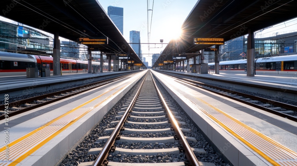 Trains at a modern railway station during sunrise with a clear sky and city skyline in the background