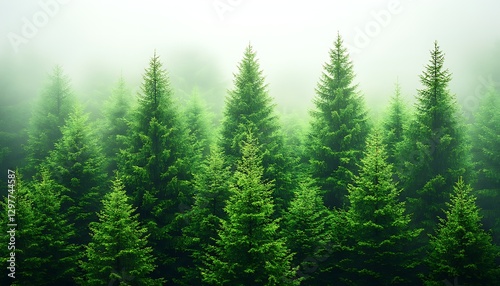 Foggy forest, trees, misty mountain. Nature background