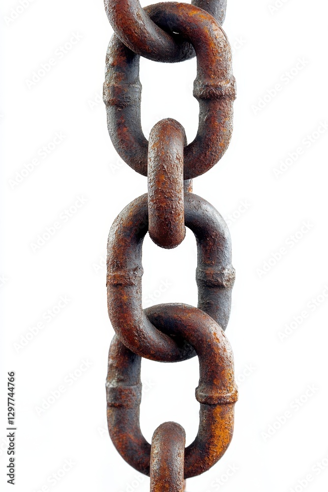 Close up of weathered rusty chain links against white backdrop conveying strength and resilience industrial concept metalwork detail aged texture studio shot Close up of weathered rusty chain links against white backdrop conveying strength and resilience industrial concept metalwork detail aged texture studio shot