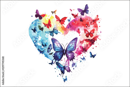 Whimsical Watercolor Butterflies and Heart Shapes Artwork