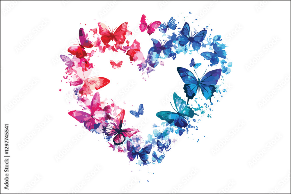 Fototapeta premium Whimsical Watercolor Butterflies and Heart Shapes Artwork