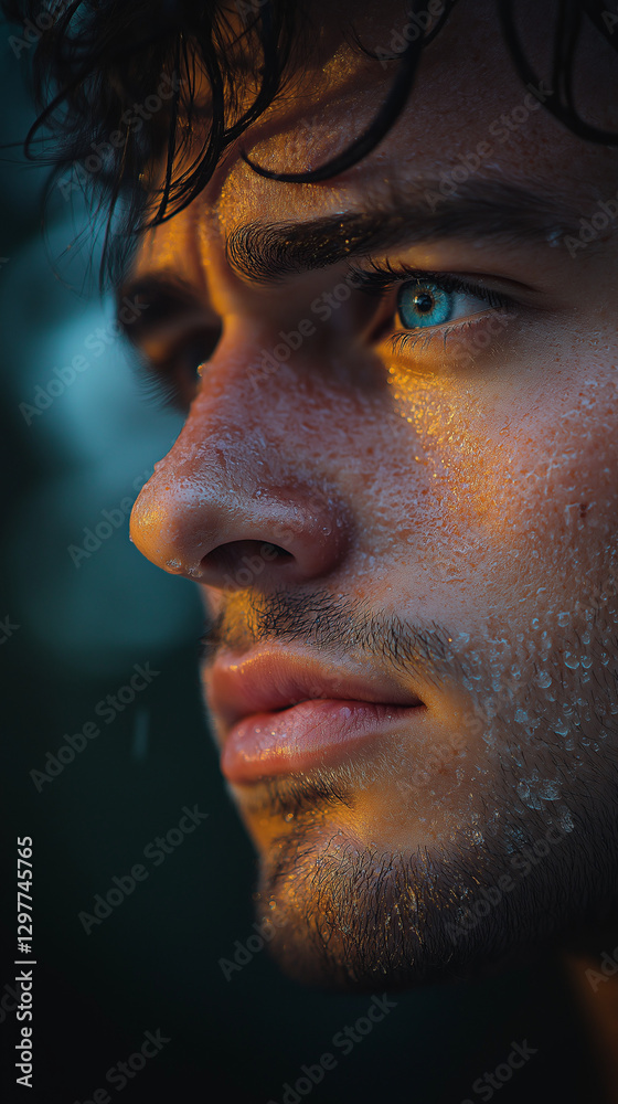 Obraz premium Intense Gaze Portrait: A captivating portrait of a man, illuminated by dramatic lighting that accentuates the intricate details of his face, with an emphasis on his mesmerizing eyes. 