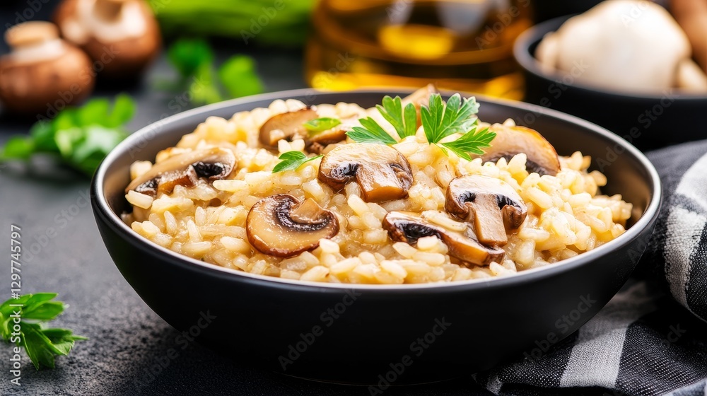 Creamy mushroom risotto served in a black bowl with fresh herb and olive oil in the background Creamy mushroom risotto served in a black bowl with fresh herb and olive oil in the background