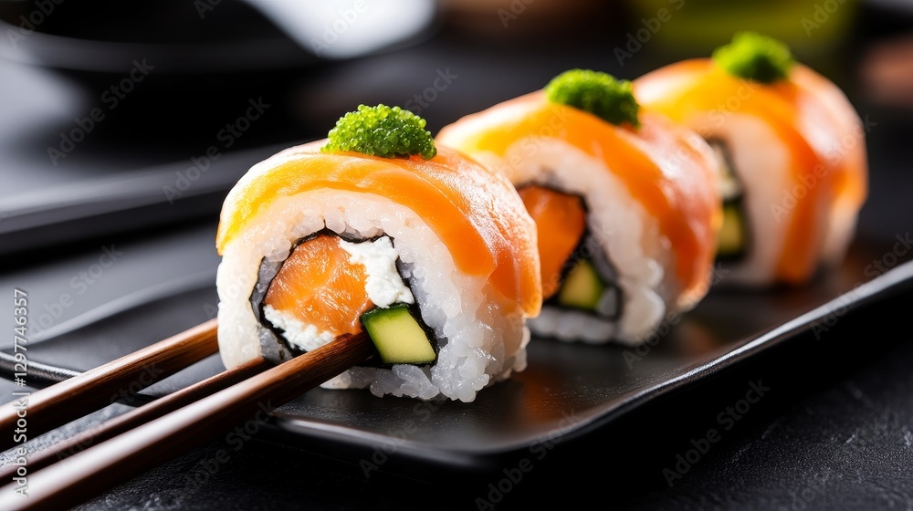 Freshly prepared sushi rolls with salmon and cucumber on a black plate, garnished with wasabi Freshly prepared sushi rolls with salmon and cucumber on a black plate, garnished with wasabi