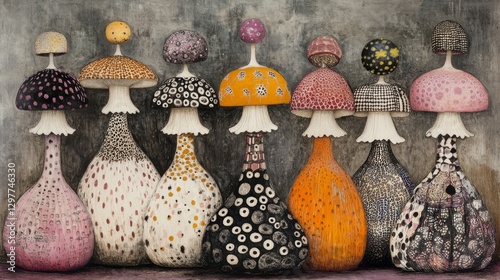 Whimsical mushroom assemblage a vibrant composition of polka dotted fungi in a surreal still life dreamlike fungal arrangement
